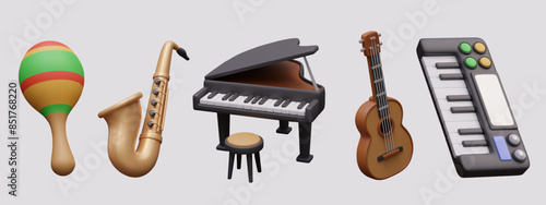 Collection of musical instruments in cartoon style. Devices for creating different types of melodies