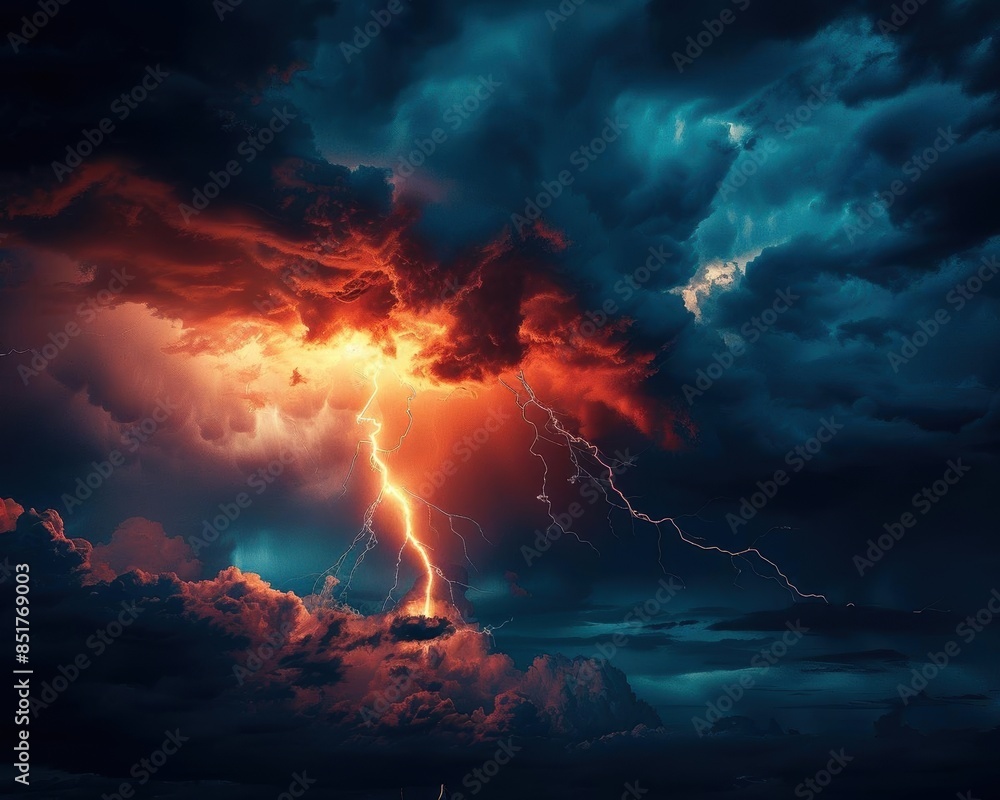 Fototapeta premium Stormy night, lightning streaks, lowangle shot, high contrast, dramatic sky, intense and powerful