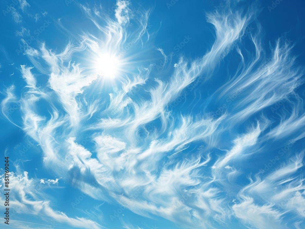 The vey clear blue sky, wispy cirrus clouds, highangle shot, bright midday sun, tranquil scene, minimalistic The vey clear blue sky, wispy cirrus clouds, highangle shot, bright midday sun, tranquil scene, minimalistic