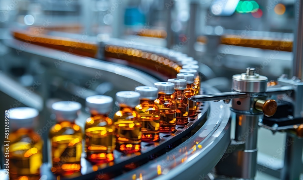 Medical vials on production line at pharmaceutical factory, Pharmaceutical machine working pharmaceutical glass bottles production line Medical vials on production line at pharmaceutical factory, Pharmaceutical machine working pharmaceutical glass bottles production line