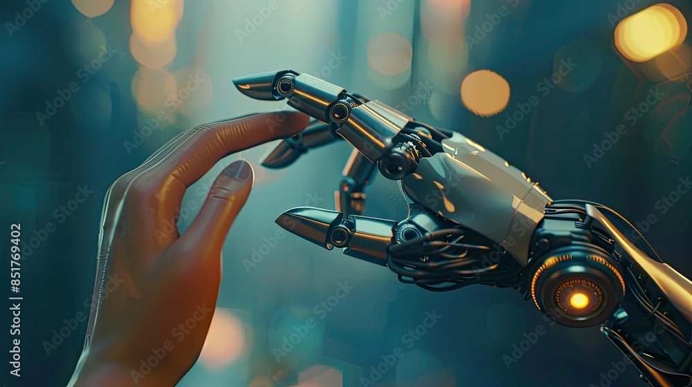 Close-up of human and robot fingers almost touching, highlighting AI connection Close-up of human and robot fingers almost touching, highlighting AI connection