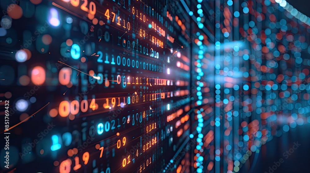 Computer screen displaying digital transformation analytics with binary code Computer screen displaying digital transformation analytics with binary code