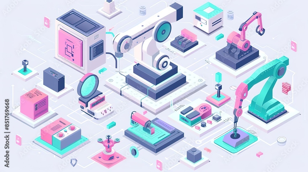 Isometric illustration of an automated factory with robots and machinery. Isometric illustration of an automated factory with robots and machinery.