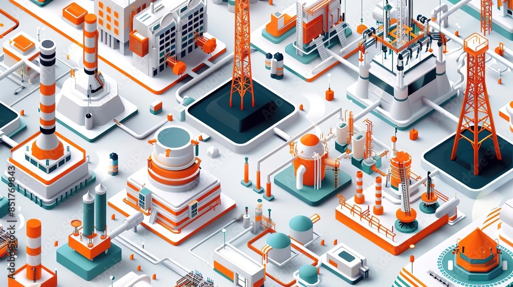 Obraz premium Isometric illustration of a spaceport with rockets, launchpads, and other infrastructure.