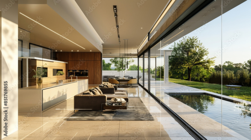 Modern living room interior in a minimalist style with floor-to-ceiling panoramic windows with access to the veranda. Design concept. Modern living room interior in a minimalist style with floor-to-ceiling panoramic windows with access to the veranda. Design concept.