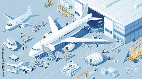 Isometric illustration of an airport with airplanes, workers, and baggage carts