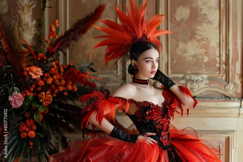 Elegant woman in vibrant red feathered costume posing in ornate vintage setting with matching floral arrangements. photo