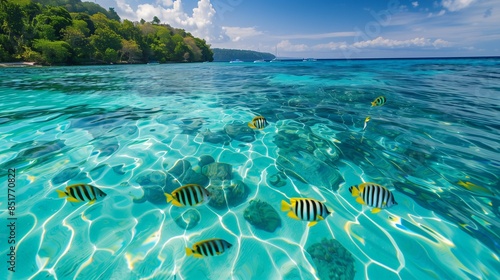 Crystal clear blue lagoon with tropical fish swimming near the surface photo