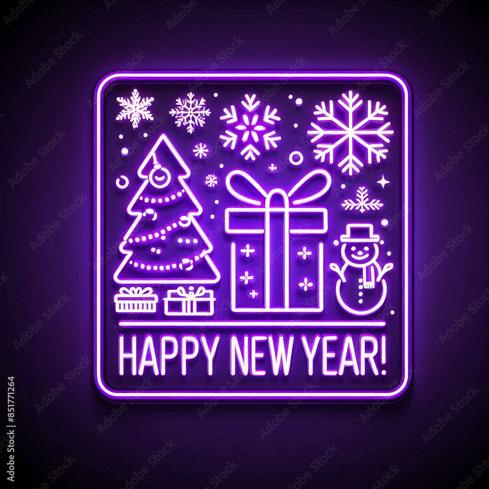 Fototapeta premium neon icon in purple color, with New Year symbols such as Christmas tree, gift box, snowman, snowflakes