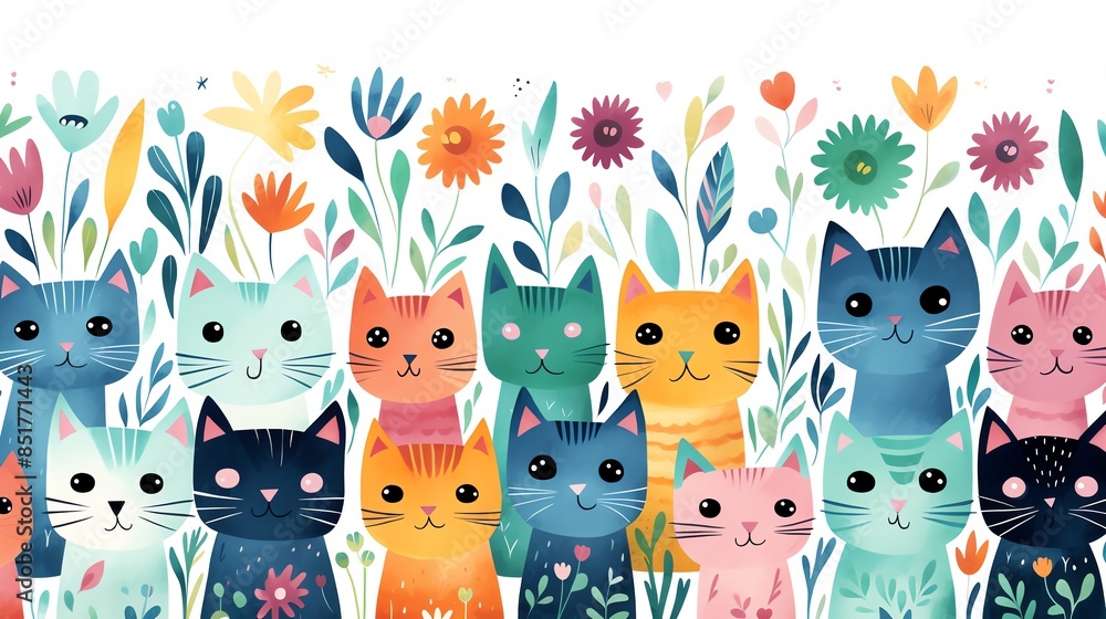 Naklejka premium Cute watercolor illustration of colorful cats in a garden of flowers.