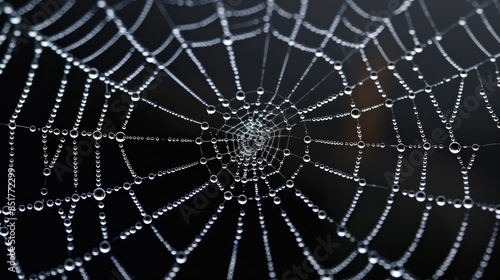 A detailed spider web with dew drops on a transparent background