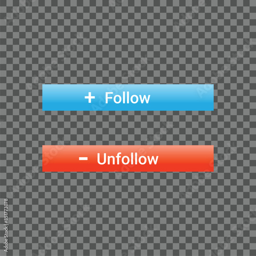 Simple design of blue follow and red unfollow buttons for social media apps and websites. Social networks user interface design. Vector illustration.