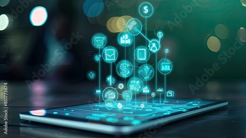 Wallpaper Mural Virtual financial icons emerging from a digital tablet, symbolizing fintech advancements Torontodigital.ca