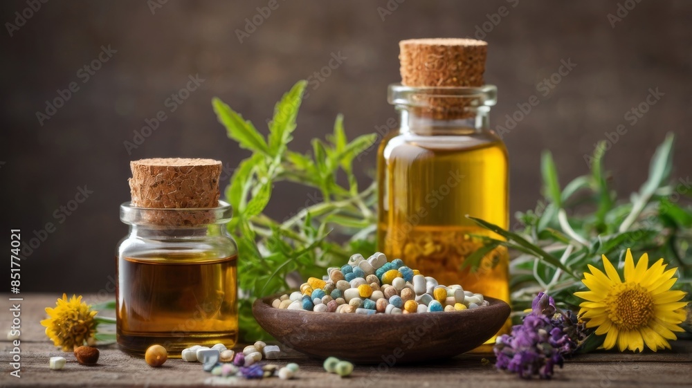 Spa still life with essential oil, lavender, and flowers in a serene setting Spa still life with essential oil, lavender, and flowers in a serene setting