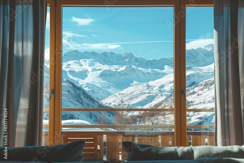 Views from a hotel window to a snowy mountain landscape for vacation travel, providing a tranquil mountain outlook for ultimate relaxation and tourism © Simn