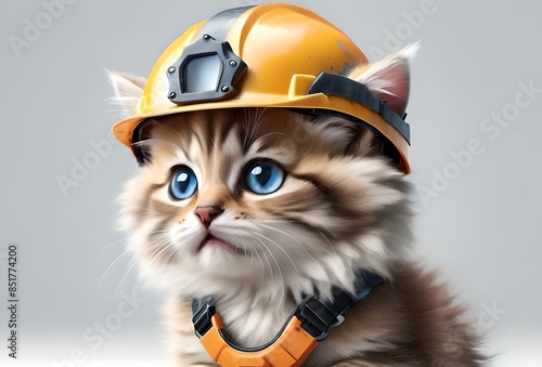 Cute cat in a construction helmet, builder