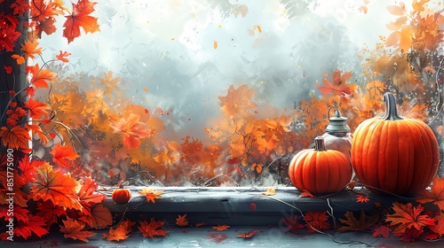 Fallthemed window sills at the borders, cozy and detailed with pumpkins and leaves, digital painting style, central space for home decor promotions photo