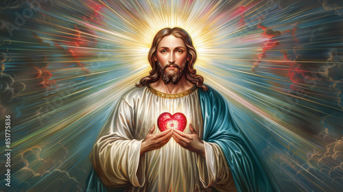 Jesus with sacred heart, divine light radiating from the chest, surrounded by angels and celestial symbols, serene expression on his face