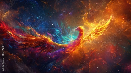 Stunning digital artwork of a fiery phoenix rising from vibrant cosmic clouds, symbolizing rebirth, strength, and transformation. #851776017