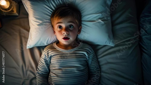 Top view portrait of frightened boy during nightmares. Child lies on pillow in bed with big, frightened eyes after bad dream. photo