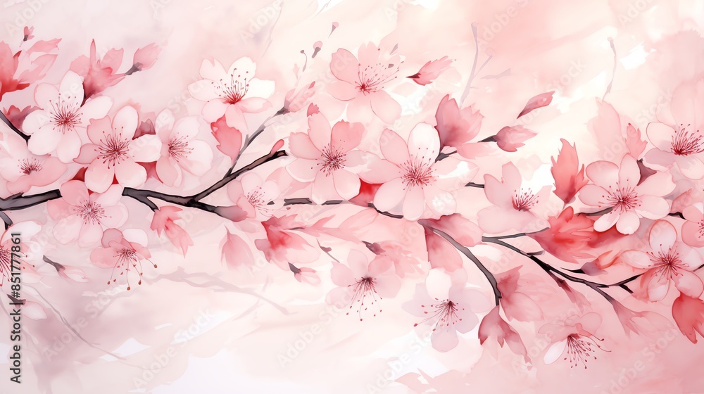 Delicate watercolor painting of a blooming cherry blossom branch. Delicate watercolor painting of a blooming cherry blossom branch.