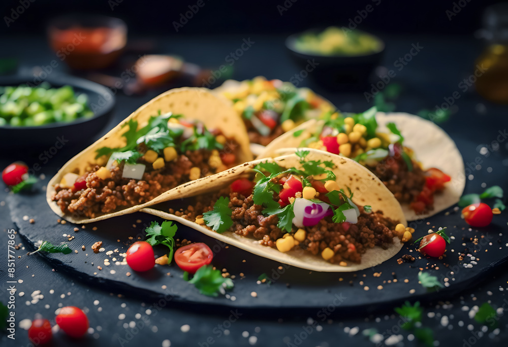 A vibrant display of vegan tacos filled with seasoned lentils, topped with fresh cilantro, avocado slices, and a drizzle of vegan sour cream. National Taco Day. A vibrant display of vegan tacos filled with seasoned lentils, topped with fresh cilantro, avocado slices, and a drizzle of vegan sour cream. National Taco Day.