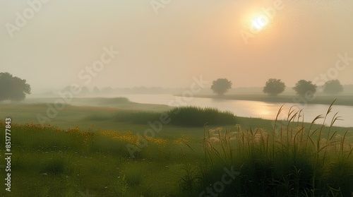 A tranquil summer afternoon where the air is thick with a shimmering haze, casting a dreamlike glow over the landscape