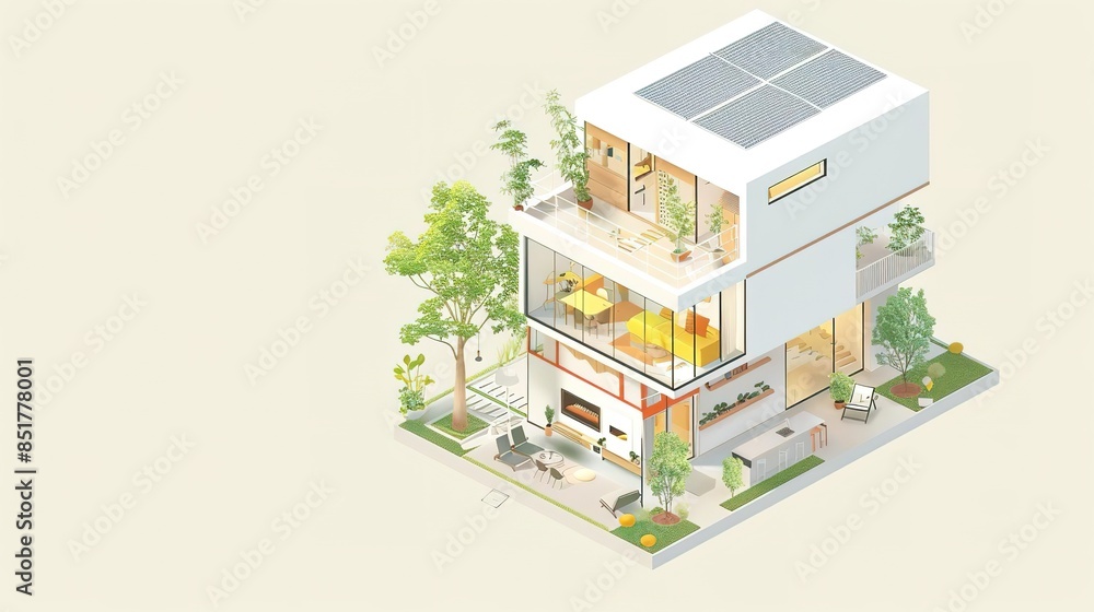Isometric illustration of a modern house with solar panels, balcony, and garden. Isometric illustration of a modern house with solar panels, balcony, and garden.