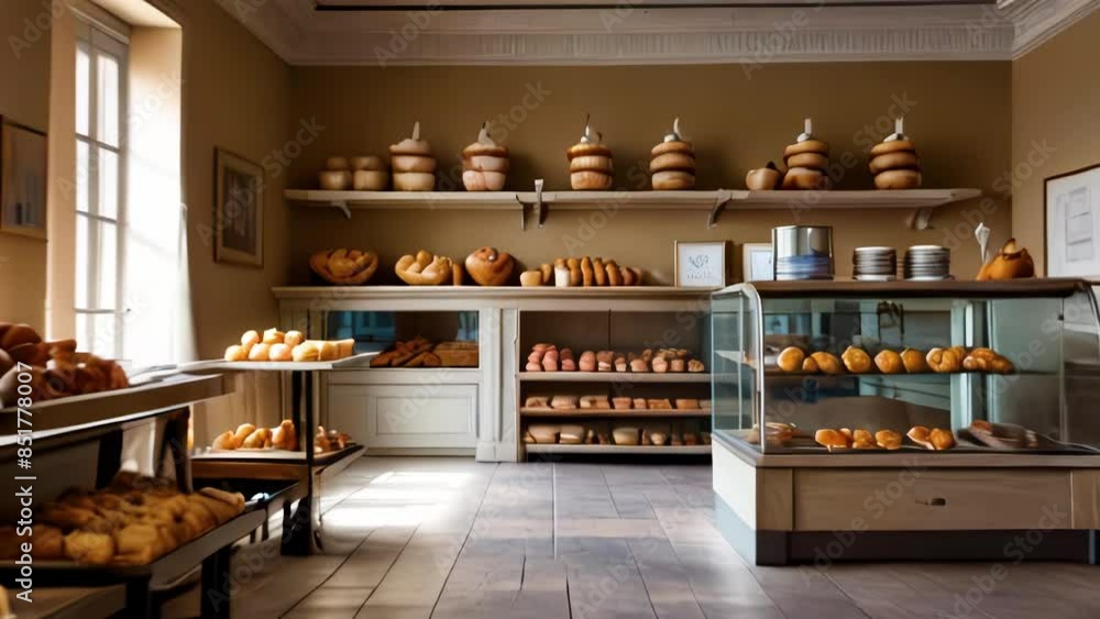 Push in shot interior of bakery with fresh pastries without people. Place for selling small business products. Appetizing buns lie on display cases and shelves at beginning of working day. Push in shot interior of bakery with fresh pastries without people. Place for selling small business products. Appetizing buns lie on display cases and shelves at beginning of working day.