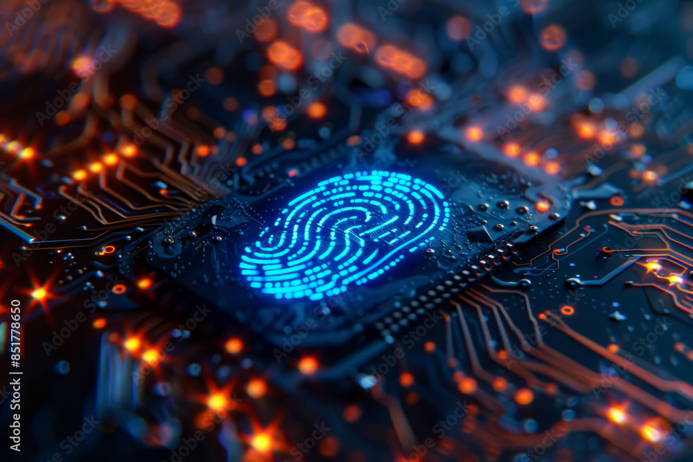 blue digital glowing fingerprint on circuit board background. technology concept for security system or biometric blue digital glowing fingerprint on circuit board background. technology concept for security system or biometric
