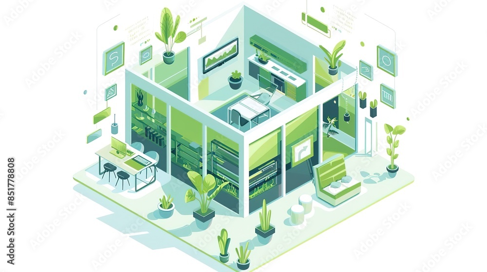 Isometric illustration of a modern apartment with green plants. Isometric illustration of a modern apartment with green plants.