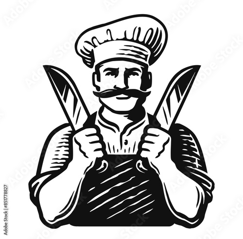 Chef with knives. Butcher shop logo. Male cook in hat vector illustration