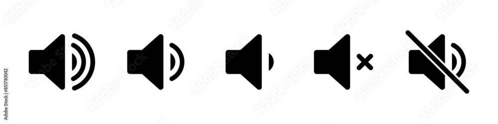 Speaker icon set with ring, mute, 50% volume and silent for smartphone user interface in black color. Sound volume icons set with different signal levels on white background. Sound icon, volume symbol Speaker icon set with ring, mute, 50% volume and silent for smartphone user interface in black color. Sound volume icons set with different signal levels on white background. Sound icon, volume symbol