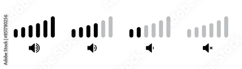 Volume increase interface design set in horizontal style for smartphone and other devices in black color. Volume levels set.