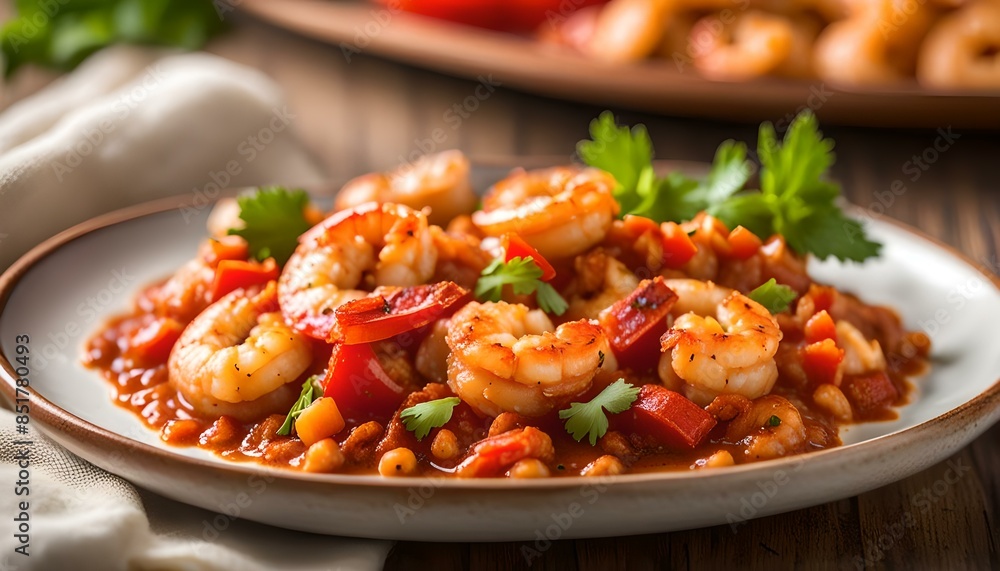 Homemade Cuban Shrimp Creole on a Plate, side view. Close-up.
Homemade Cuban Shrimp Creole on a Plate, side view. Close-up.