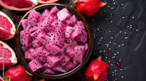 Pieces of dragon fruit cut with top view copy space