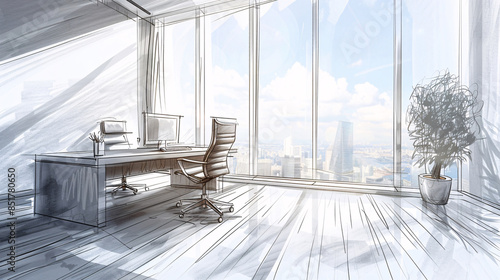 A sketch of a minimalist office space with a desk, chair, and large window, ideal for a business concept