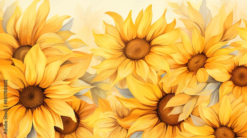 Watercolor painting of yellow sunflowers in bloom Watercolor painting of yellow sunflowers in bloom