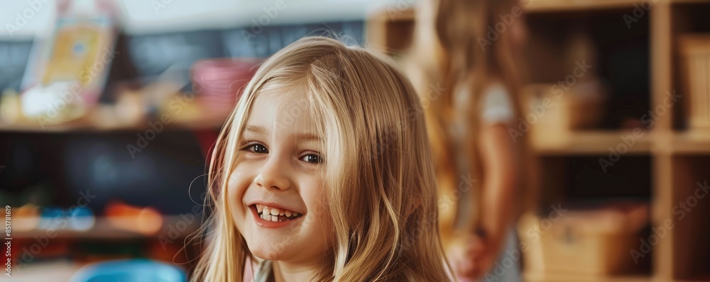 Photo of a blonde girl with a playful smile in the background of a classroom, stock photo , with Copy Space Photo of a blonde girl with a playful smile in the background of a classroom, stock photo , with Copy Space