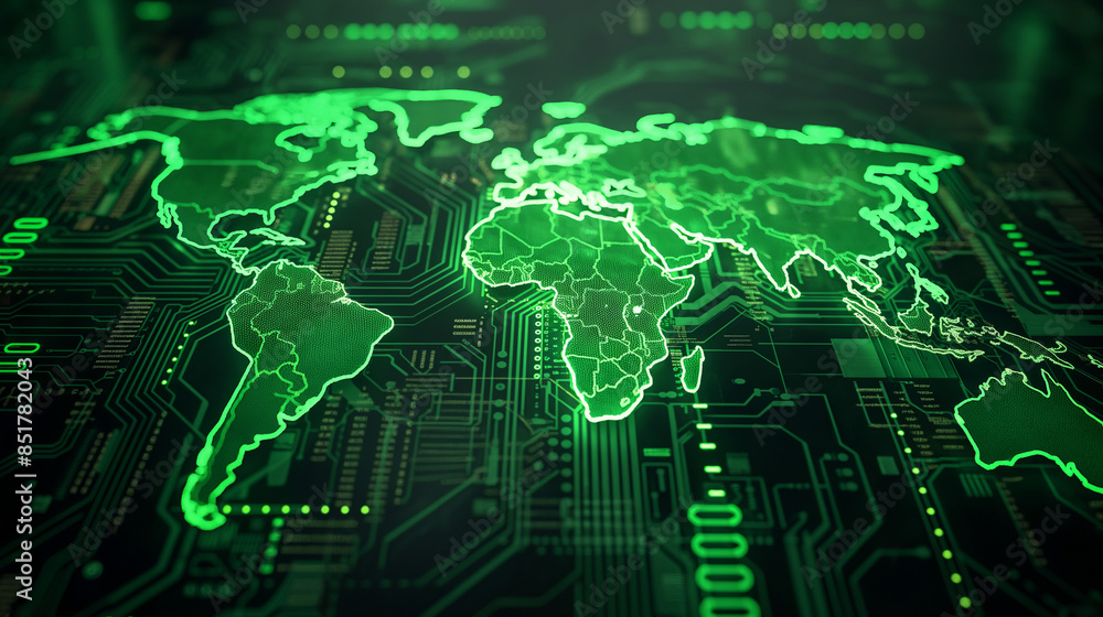 A green neon light world map on a digital circuit board background. Global communication, business networking, globe connection concepts. A green neon light world map on a digital circuit board background. Global communication, business networking, globe connection concepts.