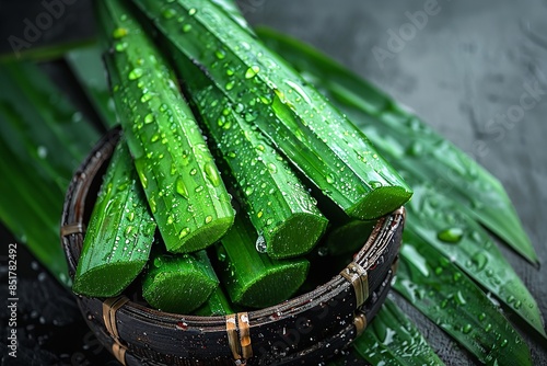 Close-up shot of a basket filled with fresh green aloe vera stalks on a dark surface