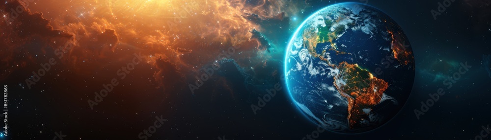 Beautiful view of Earth from space with the sun rising in the background, showcasing continents, oceans, and atmospheric details in stunning colors. Beautiful view of Earth from space with the sun rising in the background, showcasing continents, oceans, and atmospheric details in stunning colors.