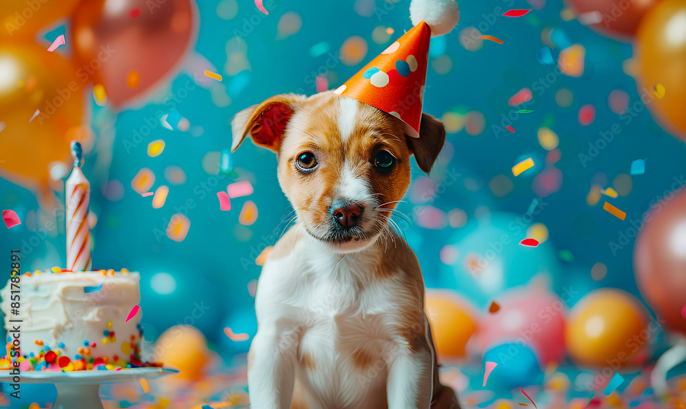 Fototapeta premium A cute puppy wearing a party hat smiles at the camera with a birthday cake and confetti in the background