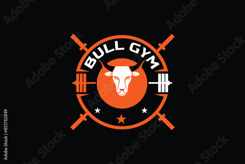 Bull Gym and fitness Logo Character Design with cross barbells