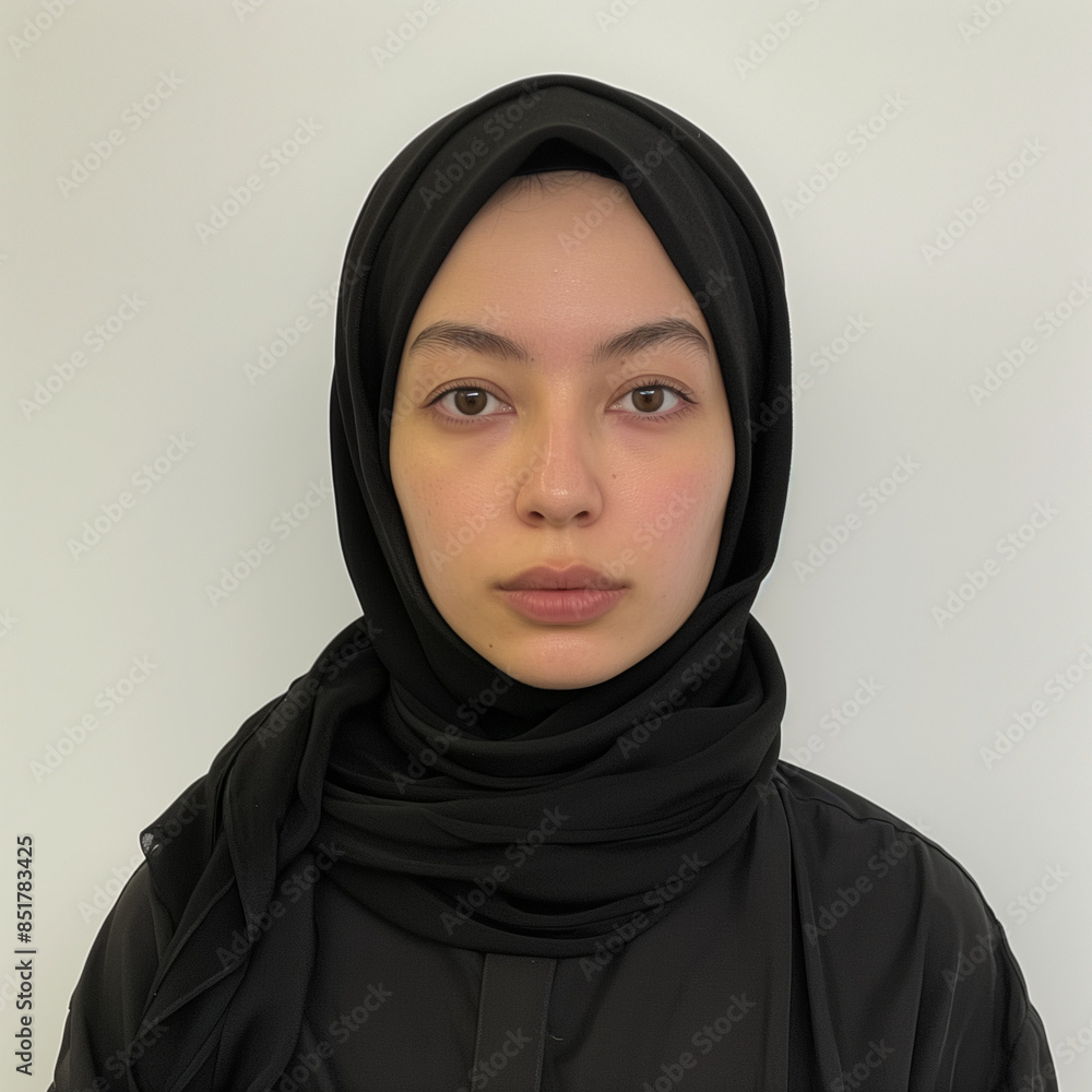 Student ID image of a female international student with a serious face wearing a hijab Student ID image of a female international student with a serious face wearing a hijab