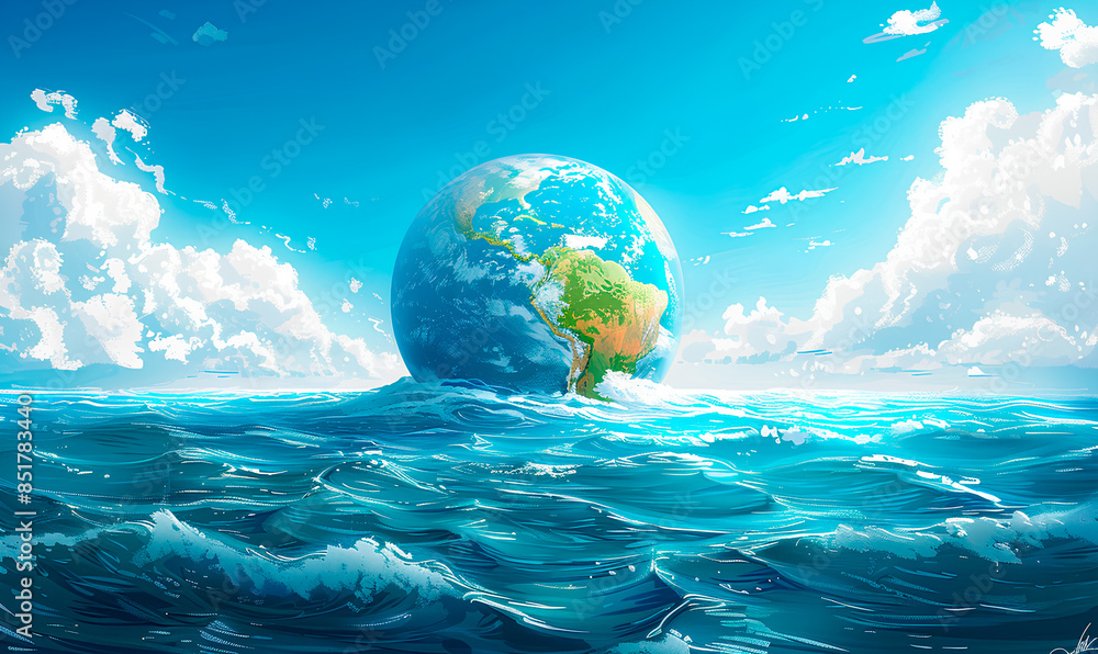 A digital painting of the Earth rising out of the ocean A digital painting of the Earth rising out of the ocean