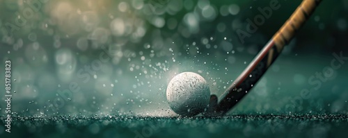 A field hockey stick and ball on wet artificial turf, illuminated with dramatic lighting, creating a dynamic and action-focused sports scene.