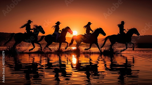 Silhouette of five riders on horses galloping through a shallow body of water at sunset