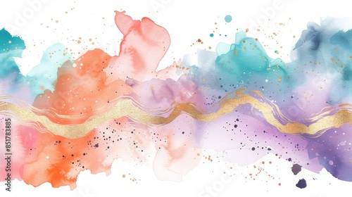 watercolor white background with soft pink, orange, teal, light purple, dark purple with gold speckles photo