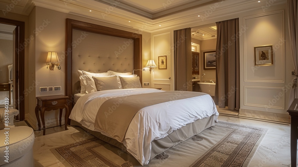 A master bedroom with a large bed, elegant linens, and an ensuite bathroom, showcasing luxury and comfort. A master bedroom with a large bed, elegant linens, and an ensuite bathroom, showcasing luxury and comfort.